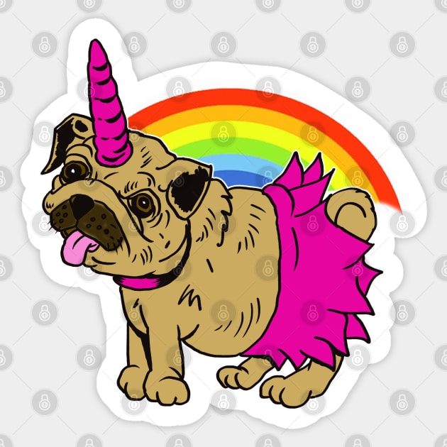 Puggycorn Pug Dog Unicorn in Tutu on Rainbow Sticker by silentrob668